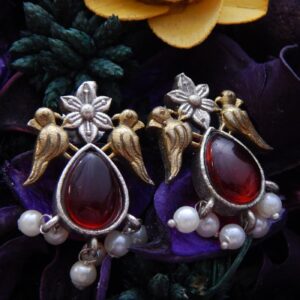 Twin Bird Gem Drop Earrings in Maroon Stone with Pearl Danglers – Royal Reflection DS