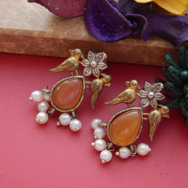 Twin Bird Gem Drop Earrings in Amber Stone with Pearl Danglers – Royal Reflection DS