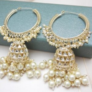 Single gold hoop jhumka earring with faceted crystal design and pearl drops