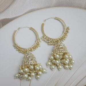Single gold hoop jhumka earring with faceted crystal design and pearl drops