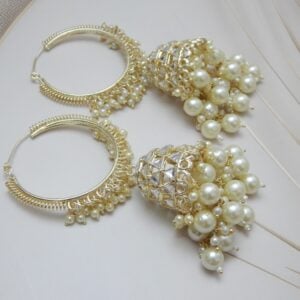 Single gold hoop jhumka earring with faceted crystal design and pearl drops