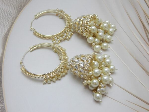 Single gold hoop jhumka earring with faceted crystal design and pearl drops