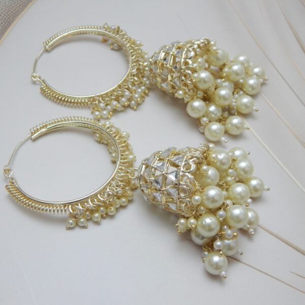 Single gold hoop jhumka earring with faceted crystal design and pearl drops