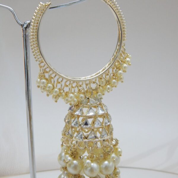 Single gold hoop jhumka earring with faceted crystal design and pearl drops