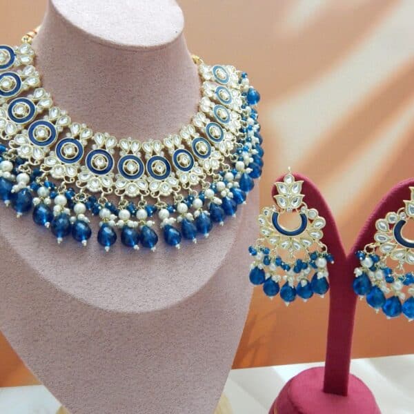 Anarkali Kundan Set-blue necklace earrings