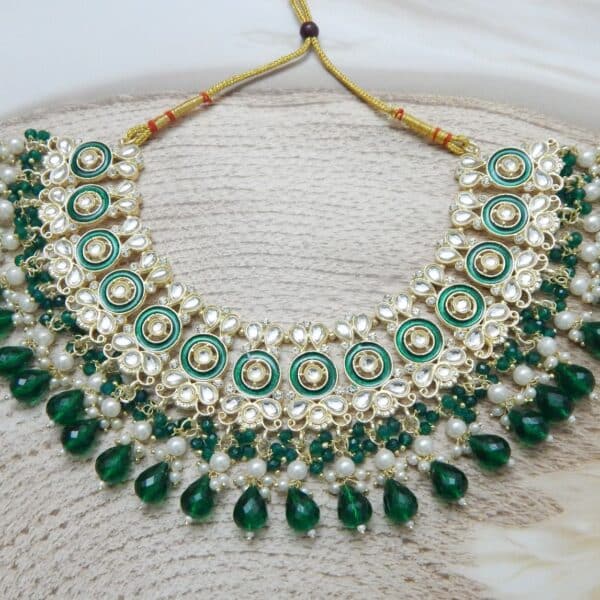 Anarkali Kundan Set-dark green necklace