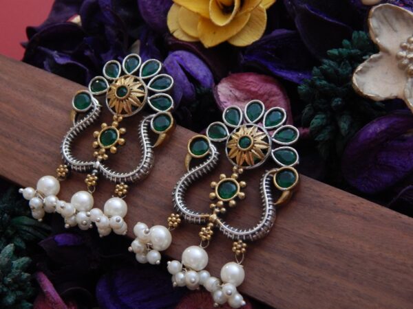 Dual-Tone Kundan Style Pearl Dangler Earrings-green