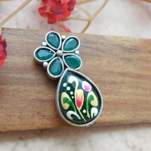 Navratri Green Jewellery - Royal Reflection DS Floral stud and a teardrop dangle in green (single zoom)