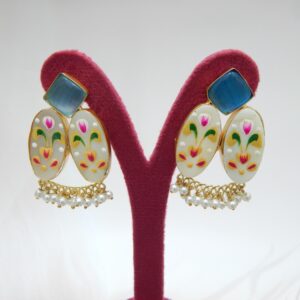 Gold Patterned Fusion Stone Drop Earrings-aqua stand