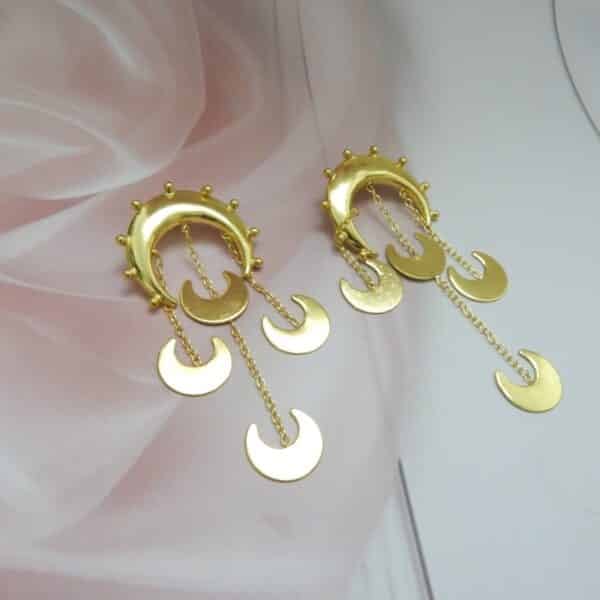 Gold statement crescent moon dangler earrings with chain drops of moon charms