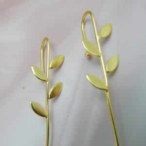 Gold-tone minimalist leaf earrings with four leaves along a slim bar and hook ear wire