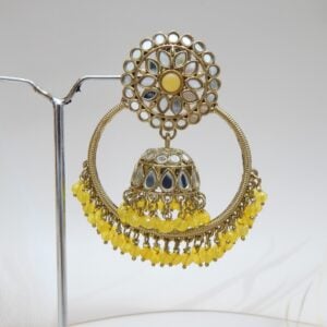 A pair of large, traditional hoop jhumka earrings with intricate mirror work on the top stud and bell, and a cluster of dangling yellow colored beads on the bottom.