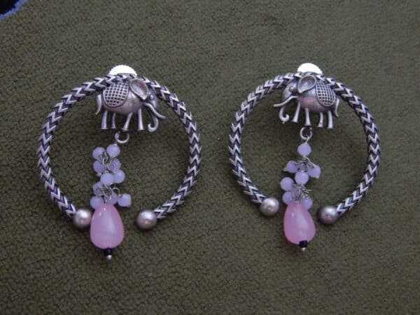 Oxidised elephant hoop earrings in pink with beaded drop