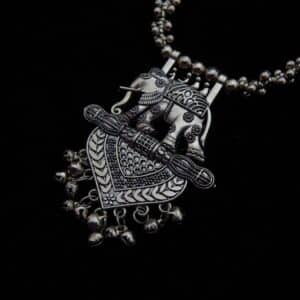 zoom of Long ghungroo beaded necklace with elephant pendant