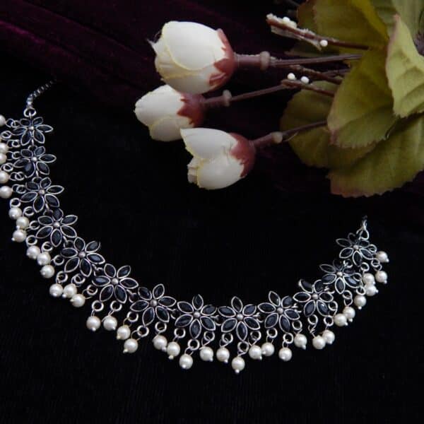 German Silver choker necklace with black stone floral links and white faux pearl drops