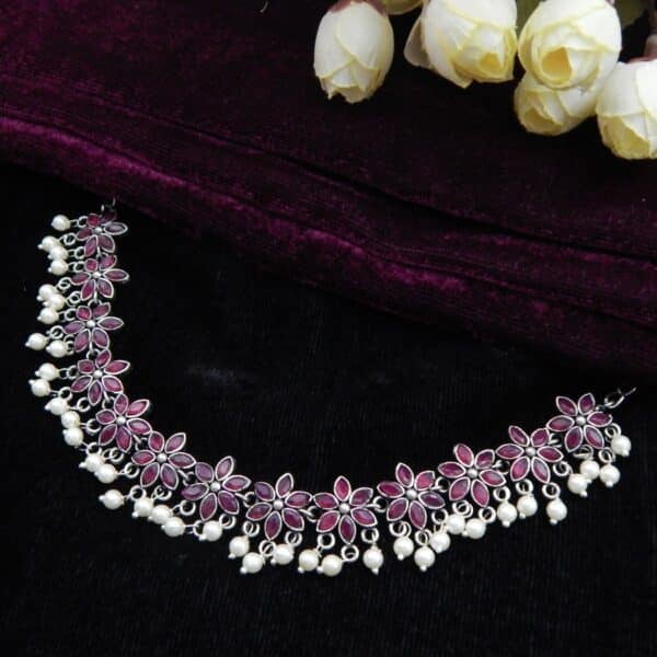 Navratri Purple Jewellery - Royal Reflection DS German Silver choker necklace with dark pink stone floral links and white faux pearl drops