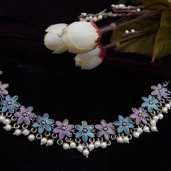 German Silver choker necklace with multi stone floral links and white faux pearl drops