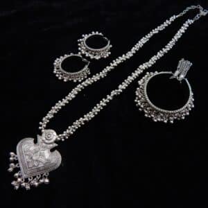 Oxidised silver heart pendant necklace set with ghungroo chain and matching bali earrings