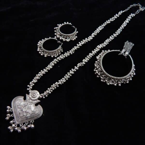 Oxidised silver heart pendant necklace set with ghungroo chain and matching bali earrings