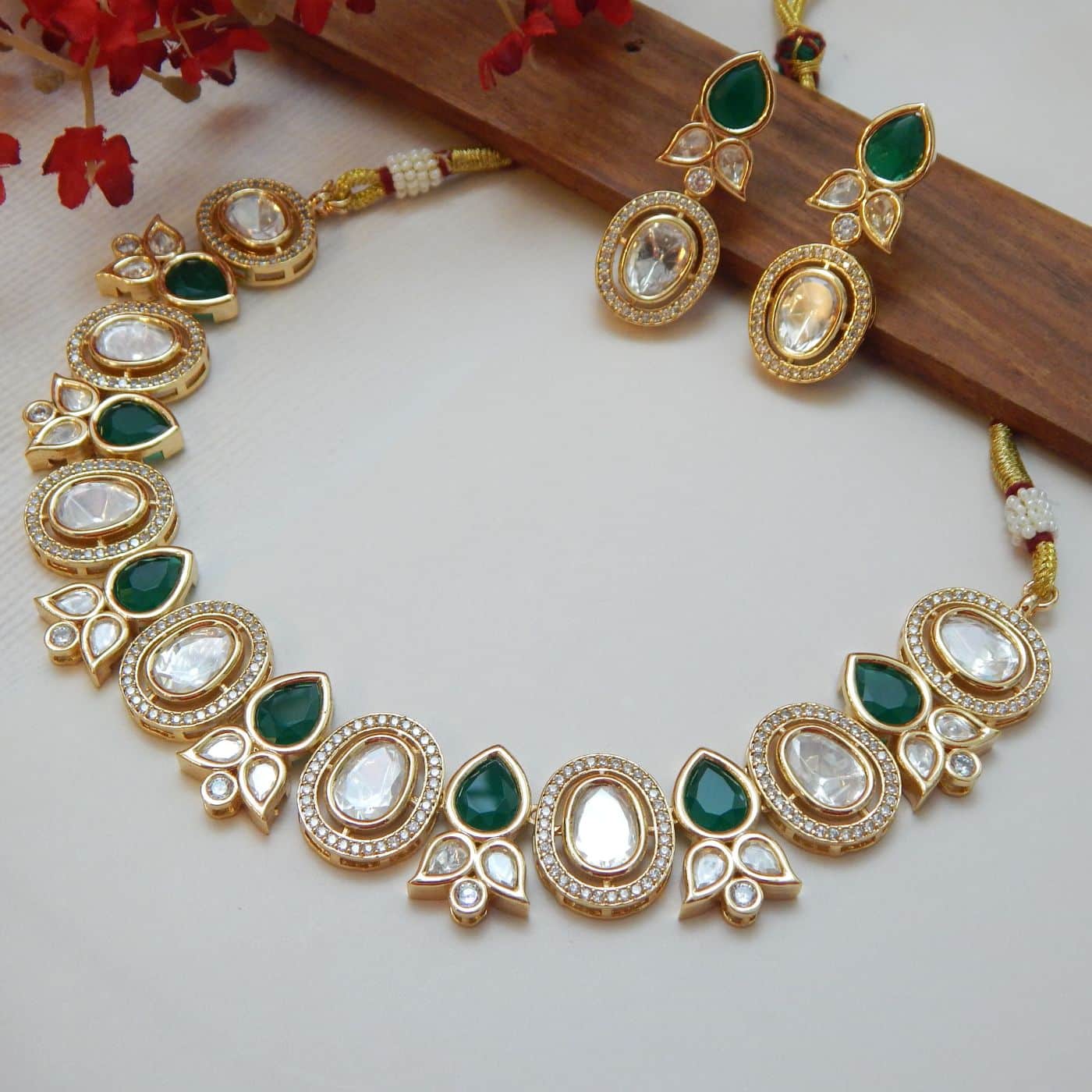 Home - Royal Reflection Panna green polki choker necklace set with matching earrings