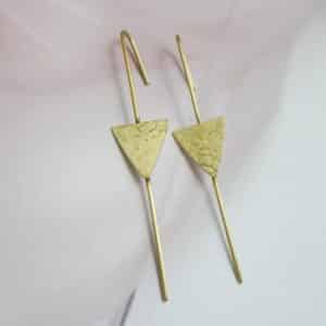 Textured gold triangle dangler earrings with hammered-look triangle on slim bar and hook ear wire