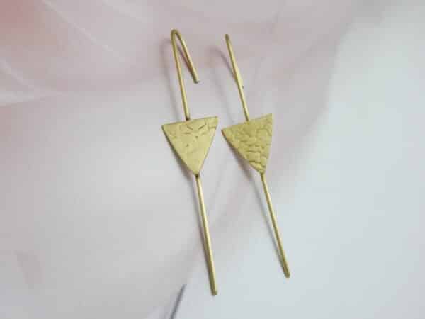Textured gold triangle dangler earrings with hammered-look triangle on slim bar and hook ear wire