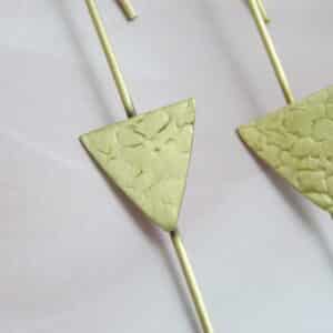 Textured gold triangle dangler earrings with hammered-look triangle on slim bar and hook ear wire