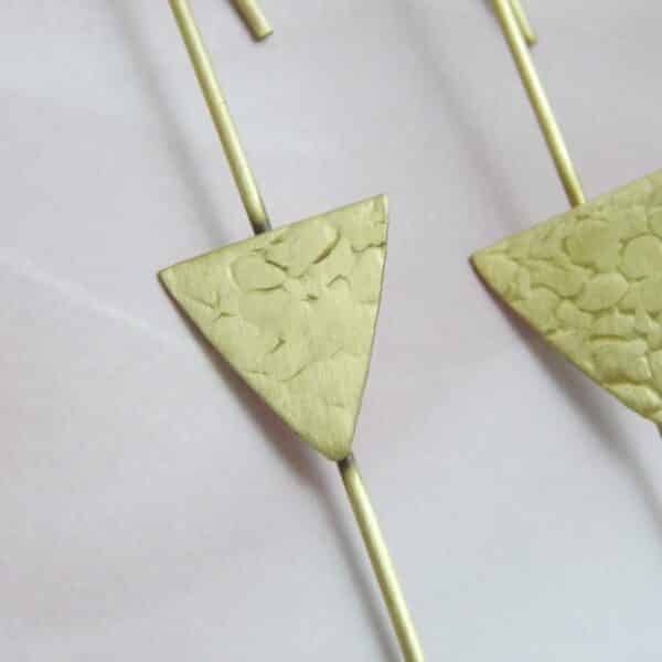 Textured gold triangle dangler earrings with hammered-look triangle on slim bar and hook ear wire