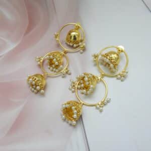 Triple layer jhumka earrings with gold hoops and pearl fringe