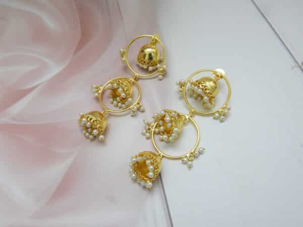 Triple layer jhumka earrings with gold hoops and pearl fringe