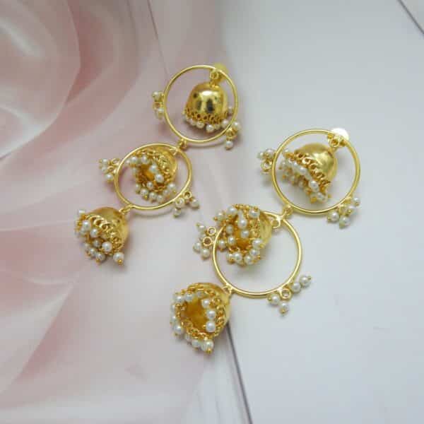 Triple layer jhumka earrings with gold hoops and pearl fringe