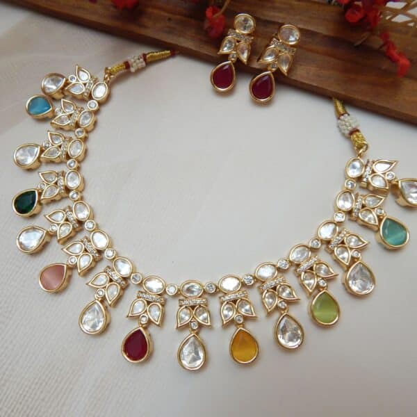 Multicolour Kundan necklace set with earrings in Glow design — ruby red, emerald green and turquoise teardrop stones