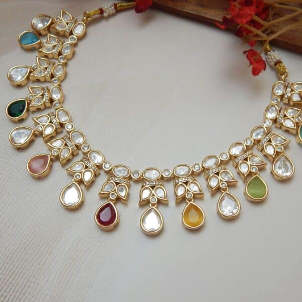 Multicolour Kundan necklace set with earrings in Glow design — ruby red, emerald green and turquoise teardrop stones