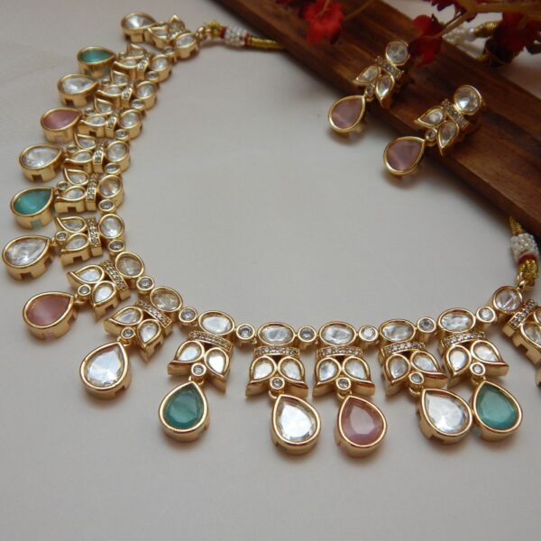 Pastel Kundan necklace set with earrings in Shine design — blush pink, mint green and peach teardrop stones