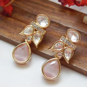 Kundan drop earrings with blush pink teardrop stone and clear Kundan — Shine variant