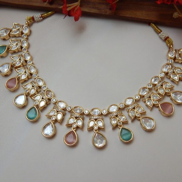 Pastel Kundan necklace set with earrings in Shine design — blush pink, mint green and peach teardrop stones