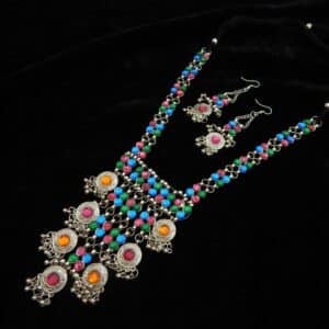 Vibrant oxidised afghani necklace set with multicolour beads and matching dangle earrings