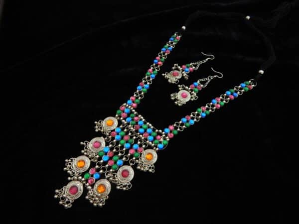 Vibrant oxidised afghani necklace set with multicolour beads and matching dangle earrings