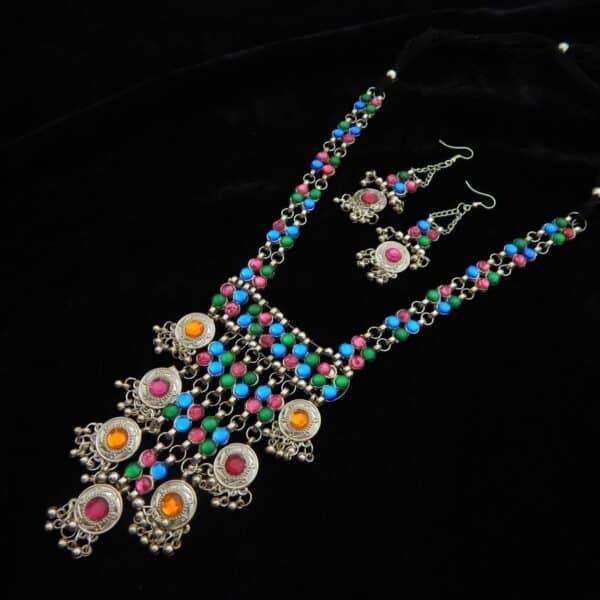 Vibrant oxidised afghani necklace set with multicolour beads and matching dangle earrings