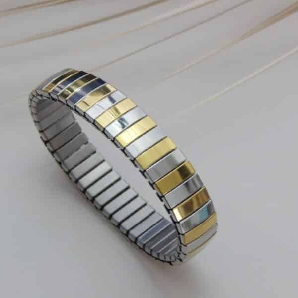 Front view of dual-tone silver and gold stretch kada – Arjan Anti-Tarnish Bracelet