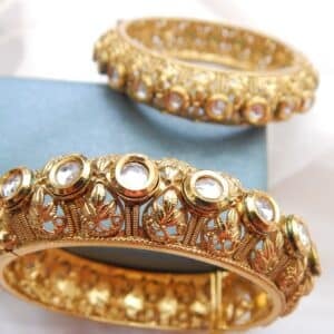 Traditional gold-plated filigree Kundan kada with antique design and clear stones – Devika Heritage Kada by Royal Reflection Dazzling Studio.