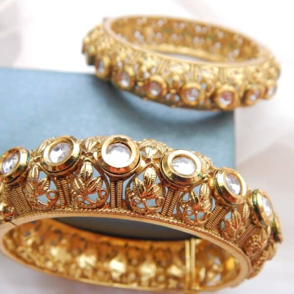 Traditional gold-plated filigree Kundan kada with antique design and clear stones – Devika Heritage Kada by Royal Reflection Dazzling Studio.