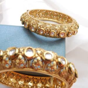 Traditional gold-plated filigree Kundan kada with antique design and clear stones – Devika Heritage Kada by Royal Reflection Dazzling Studio.
