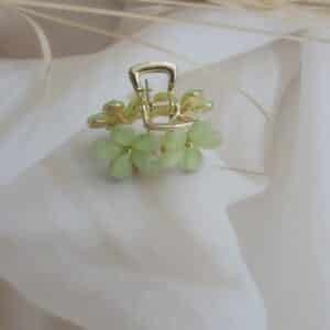 front view of Small gold-toned hair claw clip with a cluster of mint green faceted floral stones, elegant hair accessory for women.