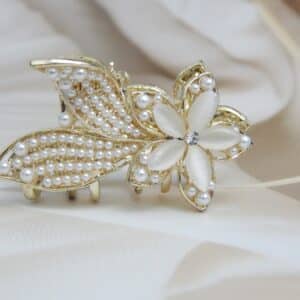 Golden floral hair clip with white pearls – Gulika Pearl Blossom Hair Claw.