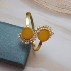 Pearl-Embellished Dual Amber Stone Open Cuff Bracelet