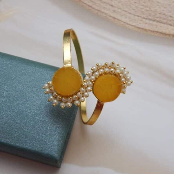 Navratri Orange Jewellery - Royal Reflection DS Pearl-Embellished Dual Amber Stone Open Cuff Bracelet