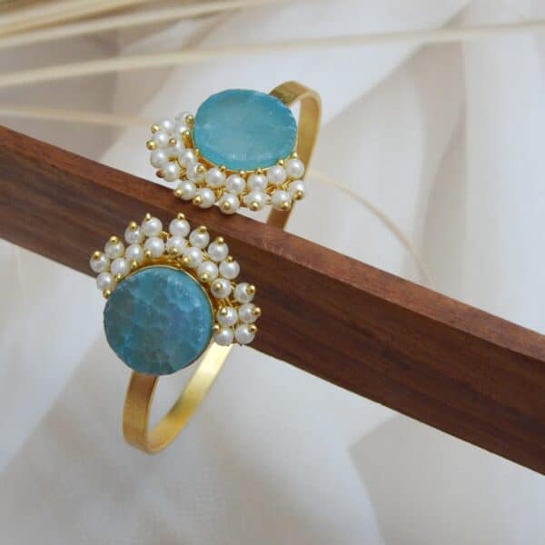 Pearl-Embellished Dual Aqua Stone Open Cuff Bracelet