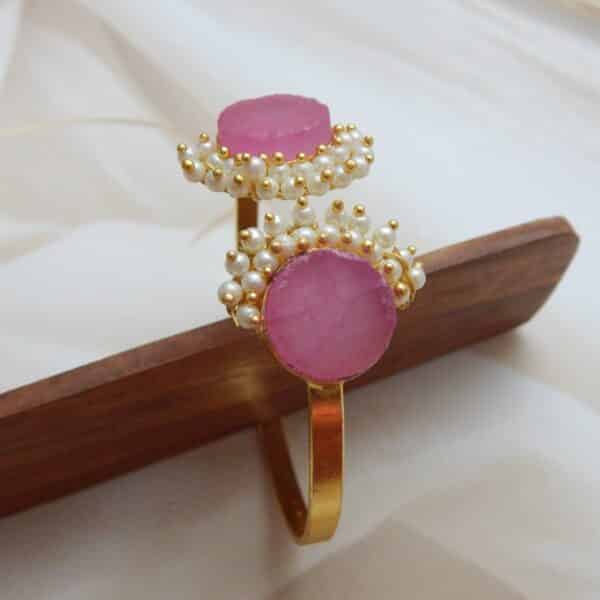 Navratri Purple Jewellery - Royal Reflection DS Pearl-Embellished Dual Pink Stone Open Cuff Bracelet
