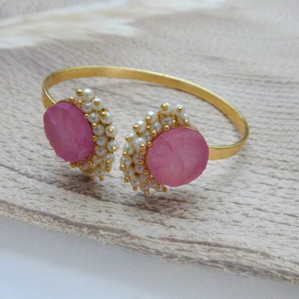 Pearl-Embellished Dual Pink Stone Open Cuff Bracelet